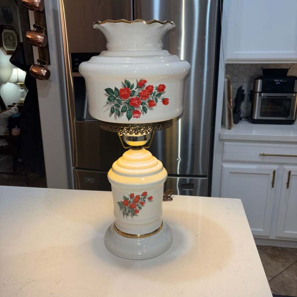 Vintage Milk Glass GWTW Hurricane Parlor Lamp Floral Roses Red 22.5”